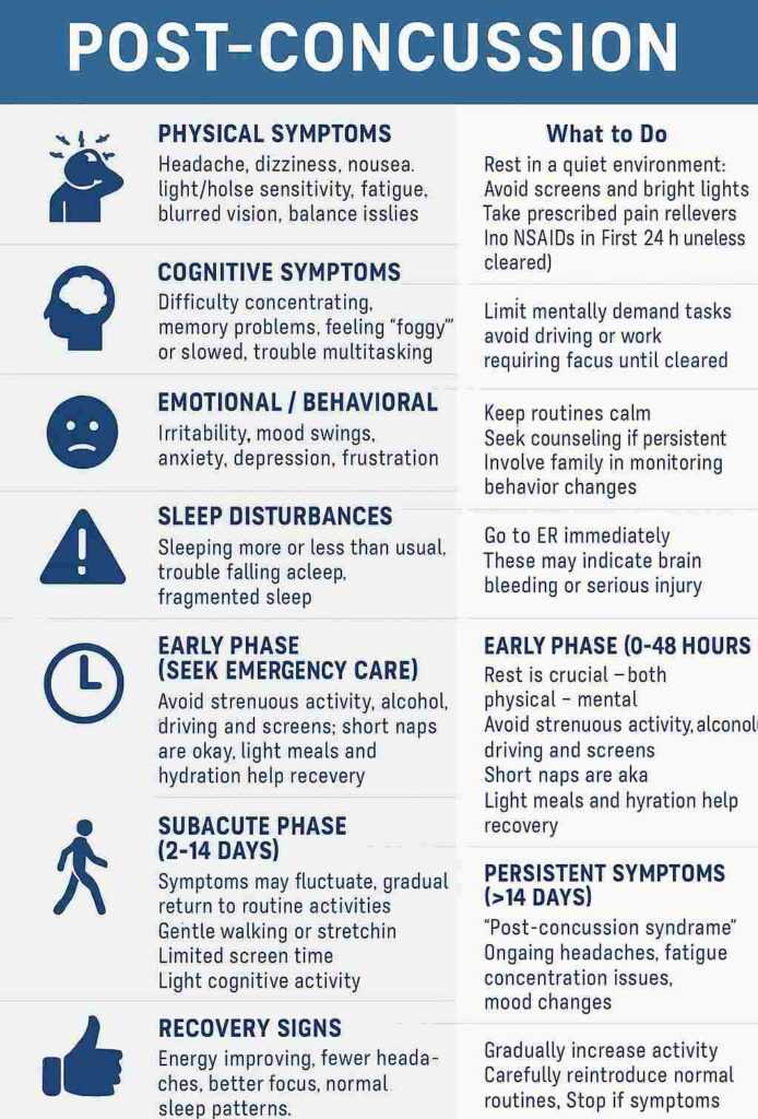 post concussion symptoms in a table.