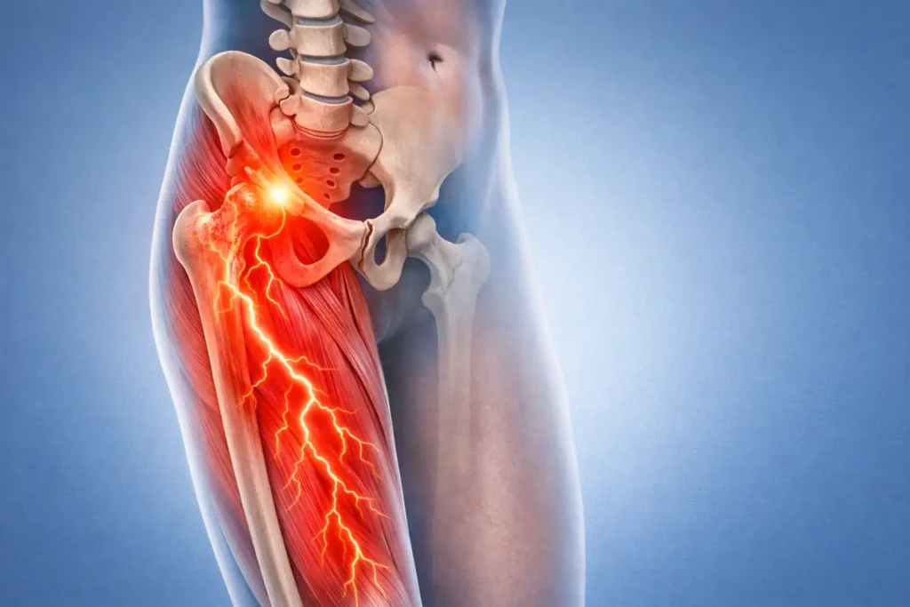 Anatomical illustration showing hip pain radiating to the thigh muscles
